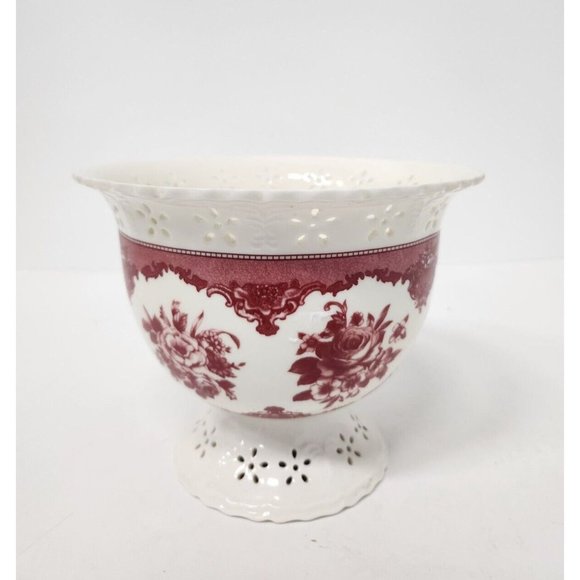 FTD Accents Vintage Ftd Victorian Floral Pedestal Bowl Vase Decorative Porcelain White Red